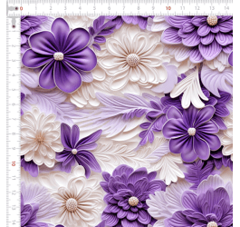 Tecido Tricoline Digital Estampado 3D Floral Violeta e Branco 9100E11576