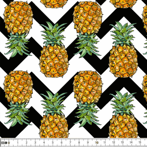 Tecido Tricoline Digital Estampado Abacaxi Chevron Preto 9100e048