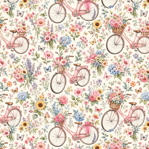 Tecido Tricoline Digital Estampado Bicicletas e Flores 9100E17055