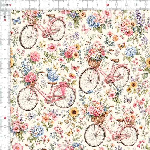 Tecido Tricoline Digital Estampado Bicicletas e Flores 9100E17055