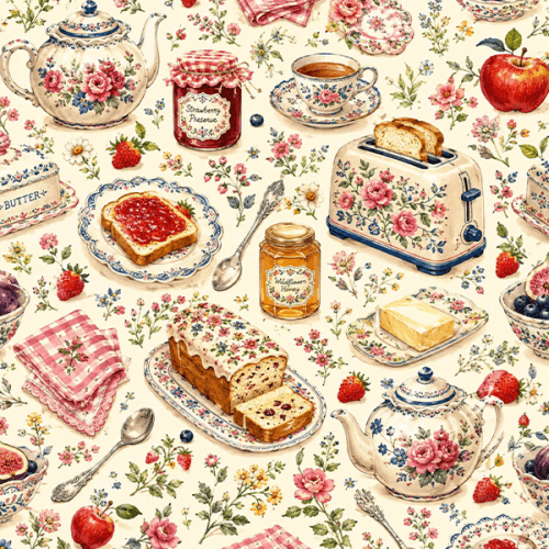 Tecido Tricoline Digital Estampado Café da Manhã Vintage 9100E16847 Tecido Tricoline Digital Estampado Café da Manhã Vintage 9100E16847