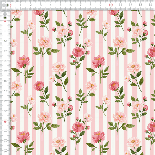 Tecido Tricoline Digital Estampado Flores Delicadas em Listras Rosas 9100E17086