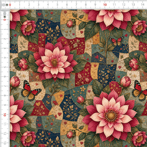 Tecido Tricoline Digital Estampado Flores e Borboletas Patchwork 9100E17058