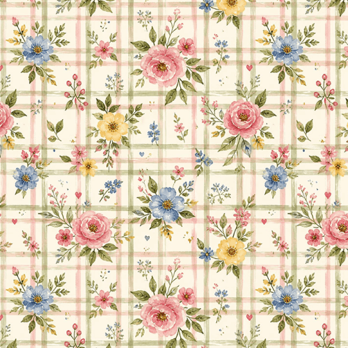 Tecido Tricoline Digital Estampado Flores em Xadrez Delicado 9100E17087