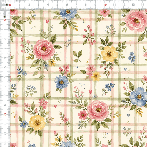 Tecido Tricoline Digital Estampado Flores em Xadrez Delicado 9100E17087