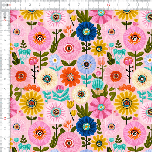 Tecido Tricoline Digital Estampado Flores Retrô Coloridas 9100E17085