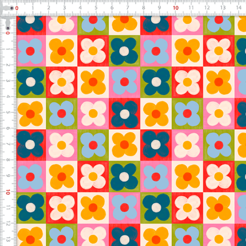 Tecido Tricoline Digital Estampado Flores Retrô Coloridas Patchwork 9100E17077
