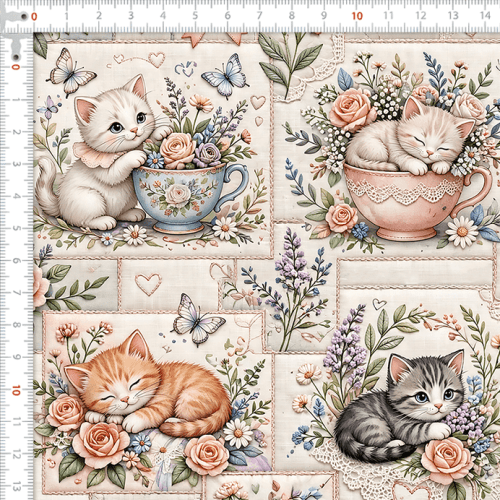 Tecido Tricoline Digital Estampado Gatinhos e Flores Patchwork 9100E17054