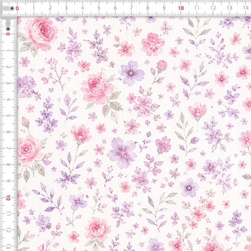 Tecido Tricoline Digital Estampado Jardim Rosa e Lilás 9100E16859