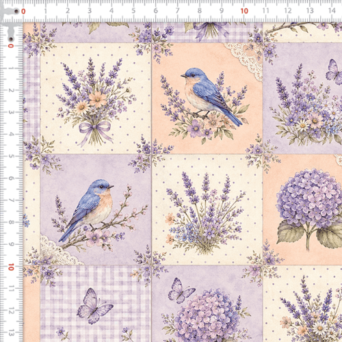 Tecido Tricoline Digital Estampado Lavandas Hortênsias e Pássaros Patchwork 9100E17064