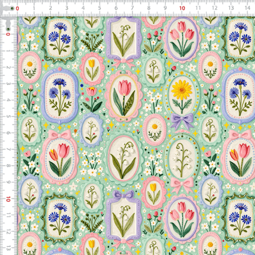 Tecido Tricoline Digital Estampado Molduras Florais Vintage 9100E17088