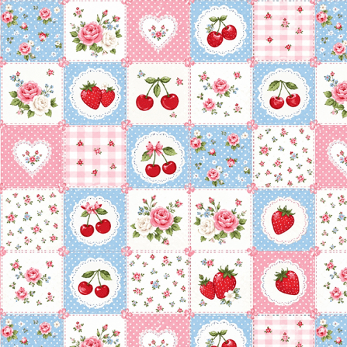 Tecido Tricoline Digital Estampado Patchwork Cerejas e Morangos 9100E16867