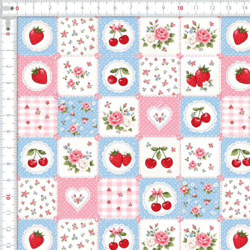 Tecido Tricoline Digital Estampado Patchwork Cerejas e Morangos 9100E16867