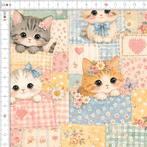 Tecido Tricoline Digital Estampado Patchwork de Gatinhos 9100E16857
