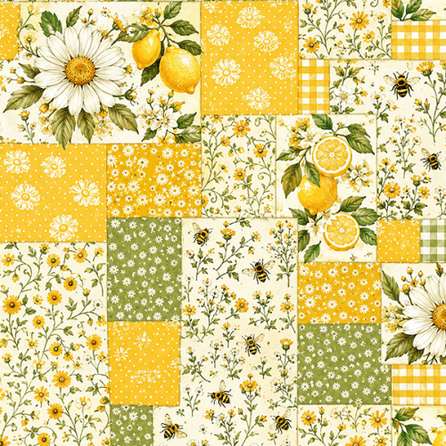Tecido Tricoline Digital Estampado Patchwork Margaridas e Limões 9100E16849