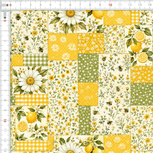 Tecido Tricoline Digital Estampado Patchwork Margaridas e Limões 9100E16849