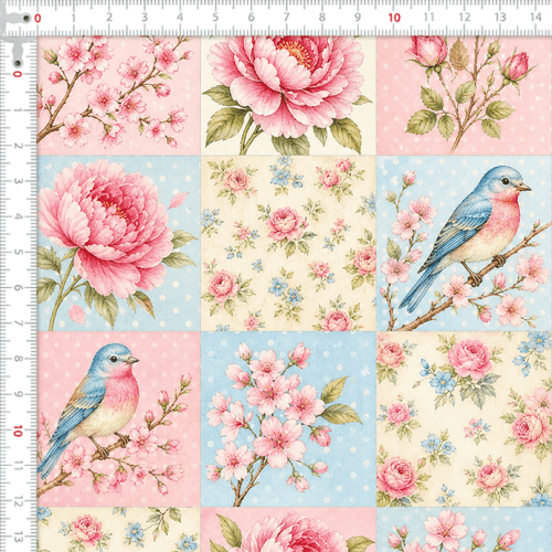 Tecido Tricoline Digital Estampado Peônias Pássaros e Borboletas Patchwork 9100E17066