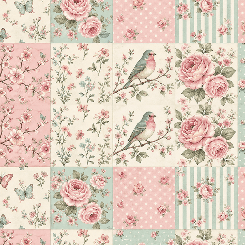 Tecido Tricoline Digital Estampado Rosas e Pássaros Vintage Patchwork 9100E17065 Tecido Tricoline Digital Estampado Rosas e Pássaros Vintage Patchwork 9100E17065