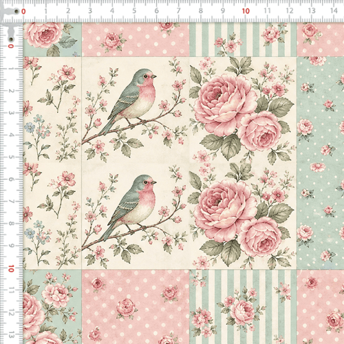 Tecido Tricoline Digital Estampado Rosas e Pássaros Vintage Patchwork 9100E17065