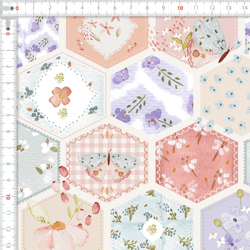 Tecido Tricoline Digital Floral Hexágono Delicado 9100E16021