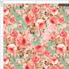 Tecido Tricoline Digital Floral Rosa Seco Verde Vintage 9100e3590