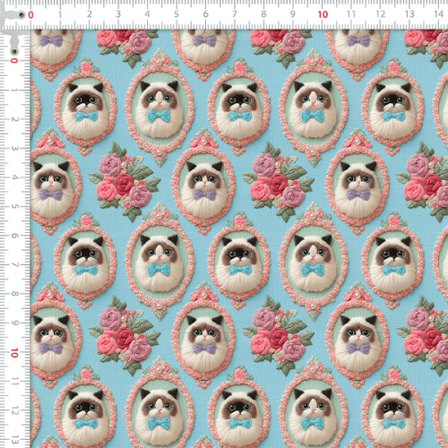 Tecido Tricoline Digital Gato Moldura Floral 9100E15912