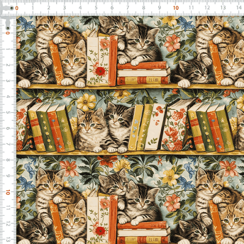 Tecido Tricoline Digital Gatos Biblioteca Floral 9100E15922