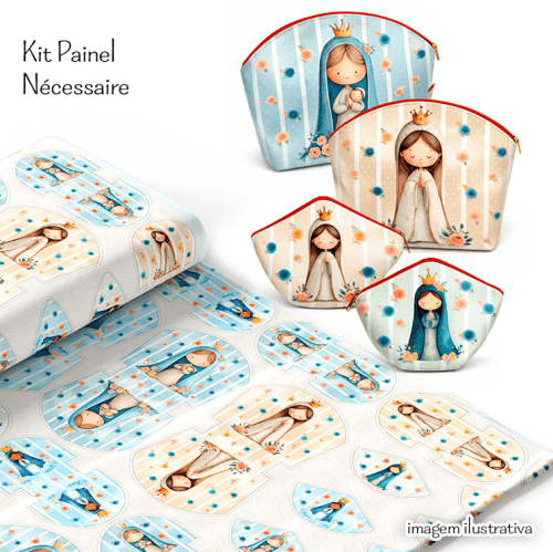 Tecido Tricoline Digital Kit Painel Necessaire Nossa Senhora Listrado Verde Azul Amarelo 9100E16103