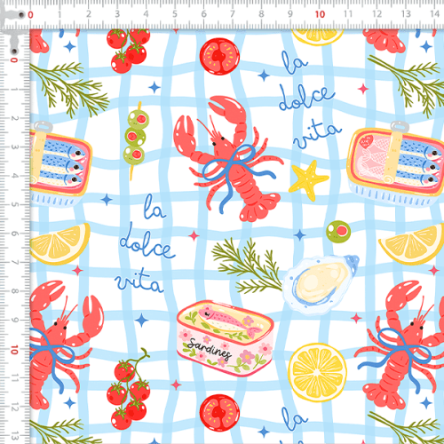 Tecido Tricoline Digital Lagosta Mediterrâneo Xadrez 9100E16158