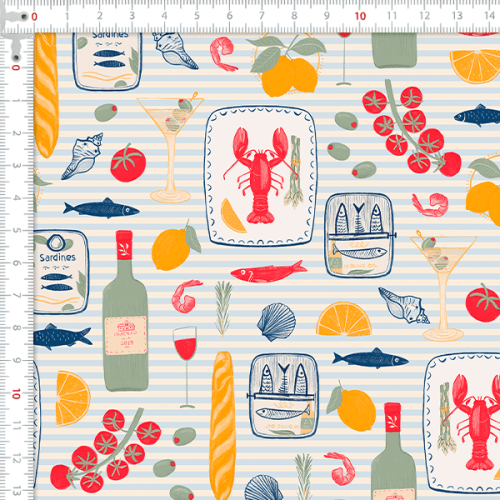 Tecido Tricoline Digital Lagosta Sardinha Mediterrâneo 9100E16159