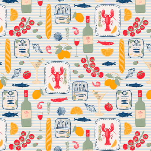 Tecido Tricoline Digital Lagosta Sardinha Mediterrâneo 9100E16159