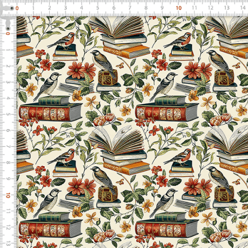 Tecido Tricoline Digital Livros Pássaros Floral 9100E15923