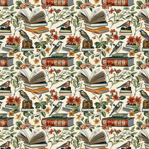 Tecido Tricoline Digital Livros Pássaros Floral 9100E15923