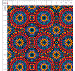 Tecido Tricoline Digital Mandalas Vermelhas Azul e Amarelo 9100e7886