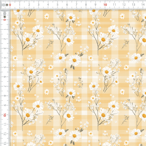 Tecido Tricoline Digital Margaridas Brancas fundo Xadrez 9100E16042