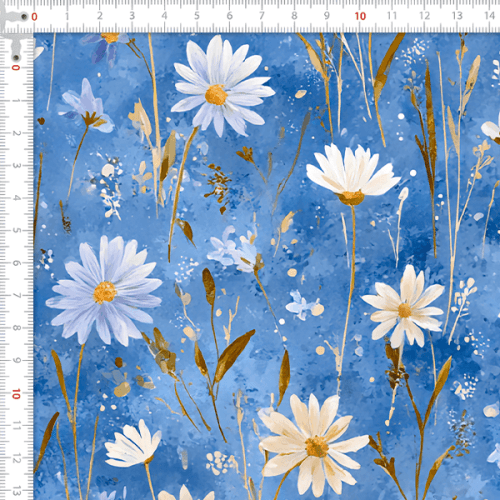 Tecido Tricoline Digital Margaridas Fundo Azul 9100E15896