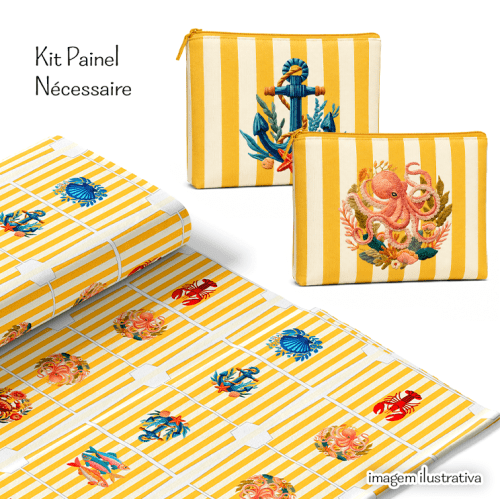 Tecido Tricoline Digital Painel Necessaire Frutos Marinho Listrado Amarelo 9100e16476