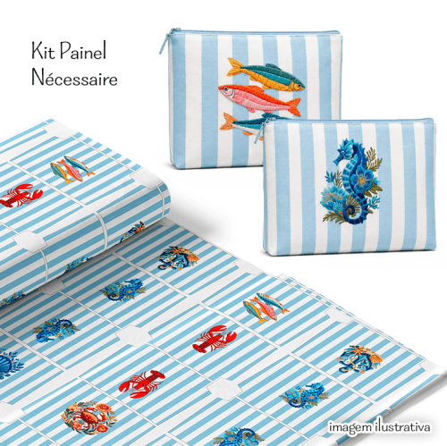 Tecido Tricoline Digital Painel Necessaire Frutos Marinho Listrado Azul 9100e16475