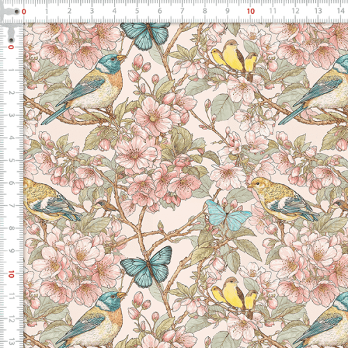 Tecido Tricoline Digital Pássaros Floral Borboletas 9100E15924