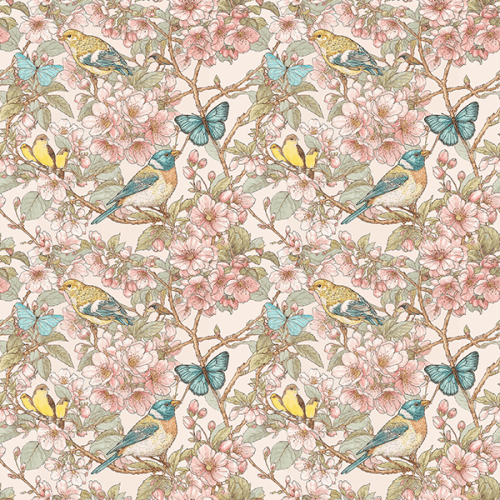 Tecido Tricoline Digital Pássaros Floral Borboletas 9100E15924