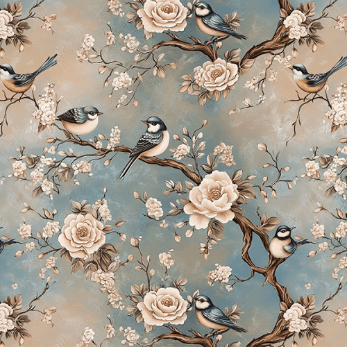 Tecido Tricoline Digital Pássaros Floral Vintage 9100E16041