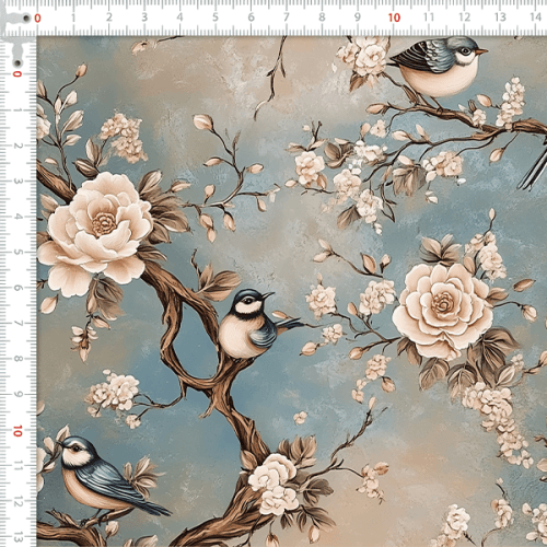 Tecido Tricoline Digital Pássaros Floral Vintage 9100E16041