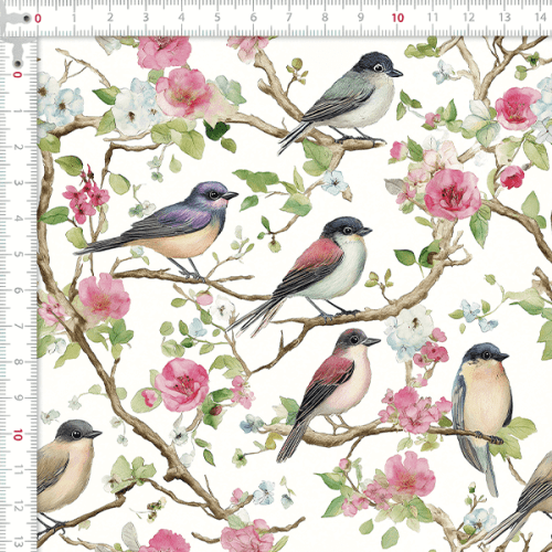 Tecido Tricoline Digital Pássaros Flores Delicado 9100E16037
