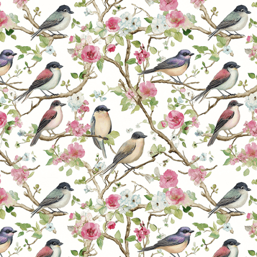 Tecido Tricoline Digital Pássaros Flores Delicado 9100E16037