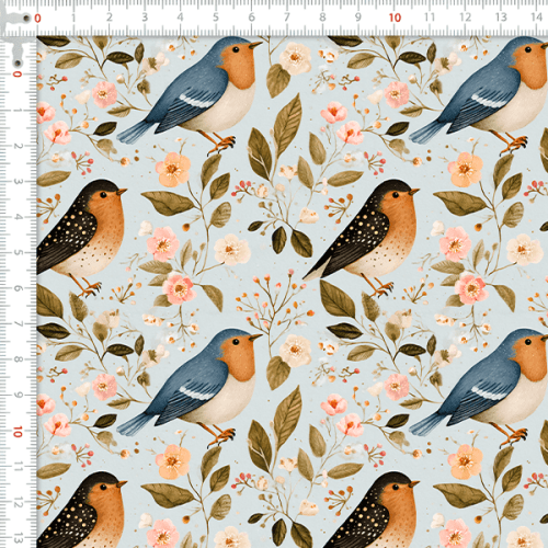 Tecido Tricoline Digital Pássaros Flores Ramos 9100E15897