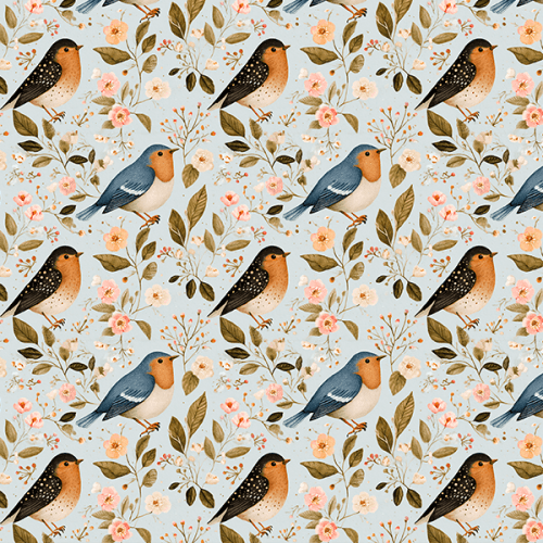 Tecido Tricoline Digital Pássaros Flores Ramos 9100E15897