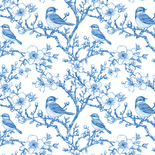 Tecido Tricoline Digital Pássaros Ramos e Florais Azúis 9100E15900