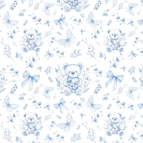 Tecido Tricoline Digital Ursinho Laços Azul 9100E15920