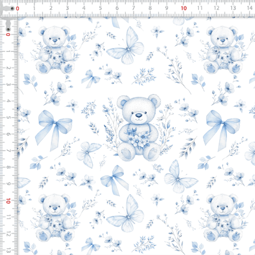Tecido Tricoline Digital Ursinho Laços Azul 9100E15920