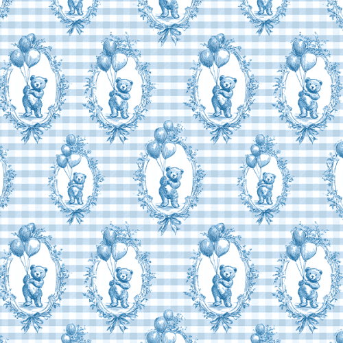 Tecido Tricoline Digital Ursinho Moldura Xadrez Azul 9100E15926